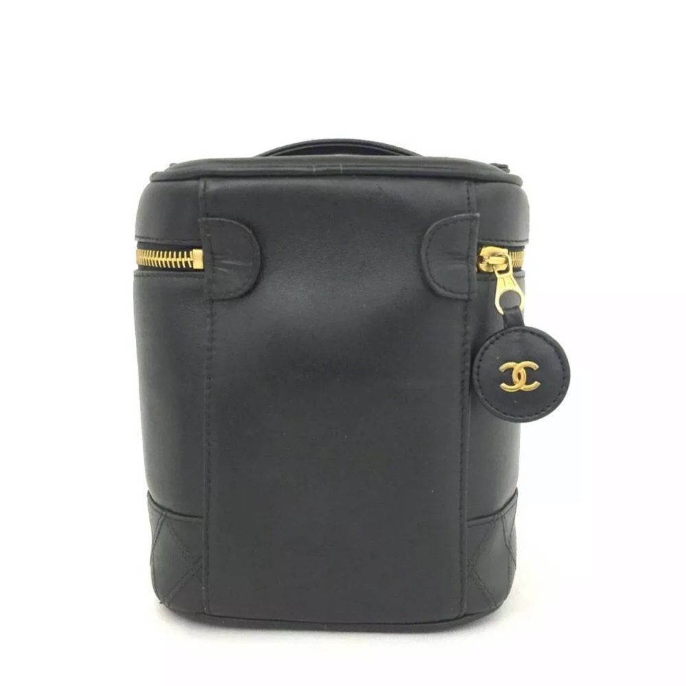 CHANEL Black Leather Vanity Cosmetic Case with Gold Hardware